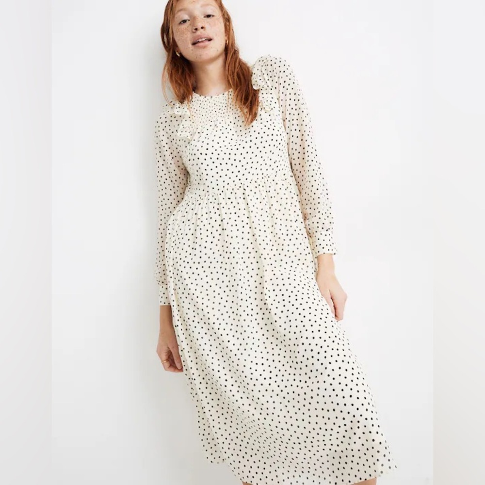Madewell Smocked Ruffle-Shoulder Midi Dress in‎ Inkbrush Dots